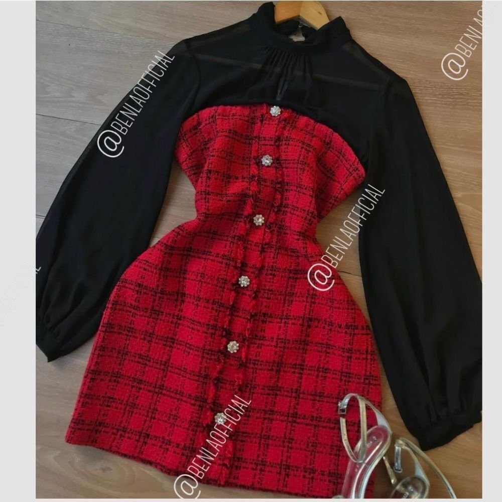 NWT ZARA Bloggers Fav COMBINATION STRUCTURED DRESS Mini Red black tweed Jewel - Picture 4 of 17
